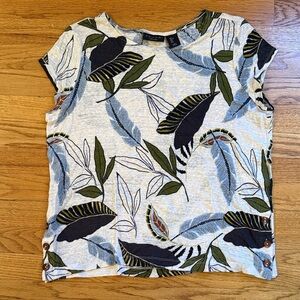Tahari 100% Linen Leaf Print Short Sleeve Top